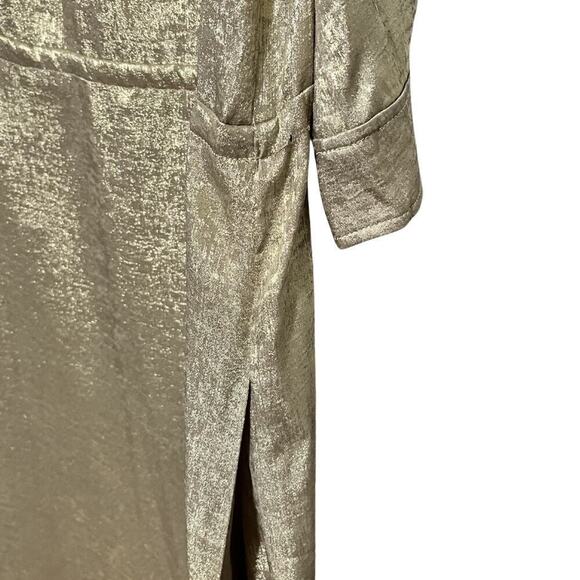 St. John Metallic Champagne V Neck Gown Size L Side Slit Luxe Maxi Dress - FLAWS - Picture 5 of 12